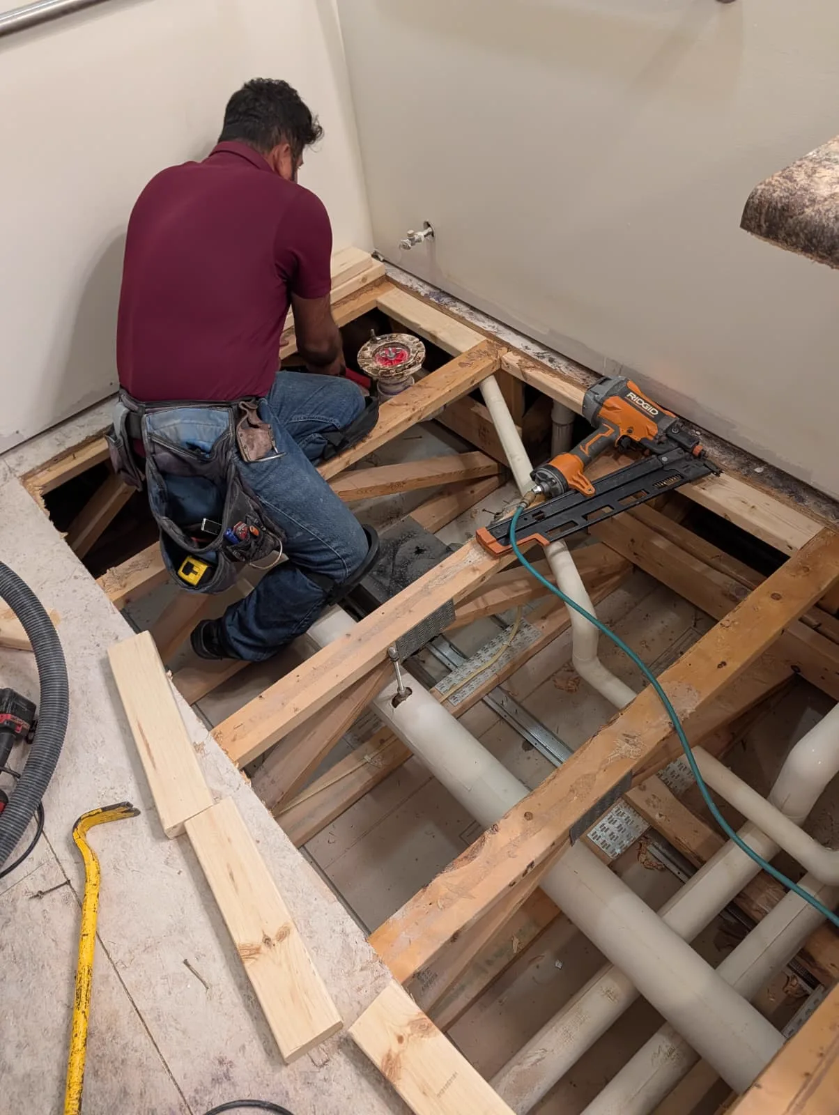 Joists sistered around the plumbing